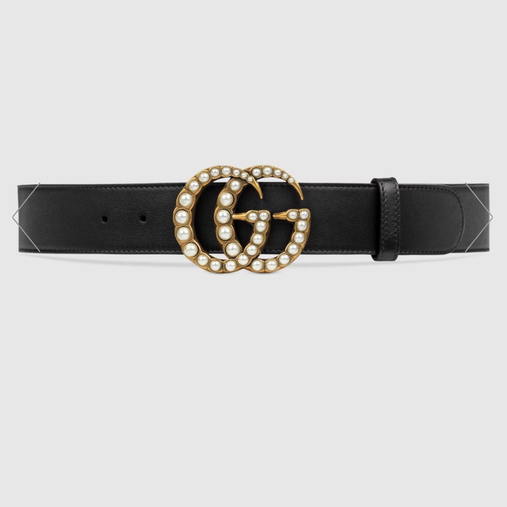Gucci LEATHER BELT WITH PEARL DOUBLE G